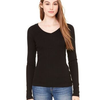 Women's Long Sleeve Sheer Mini Rib V-Neck Tee Thumbnail